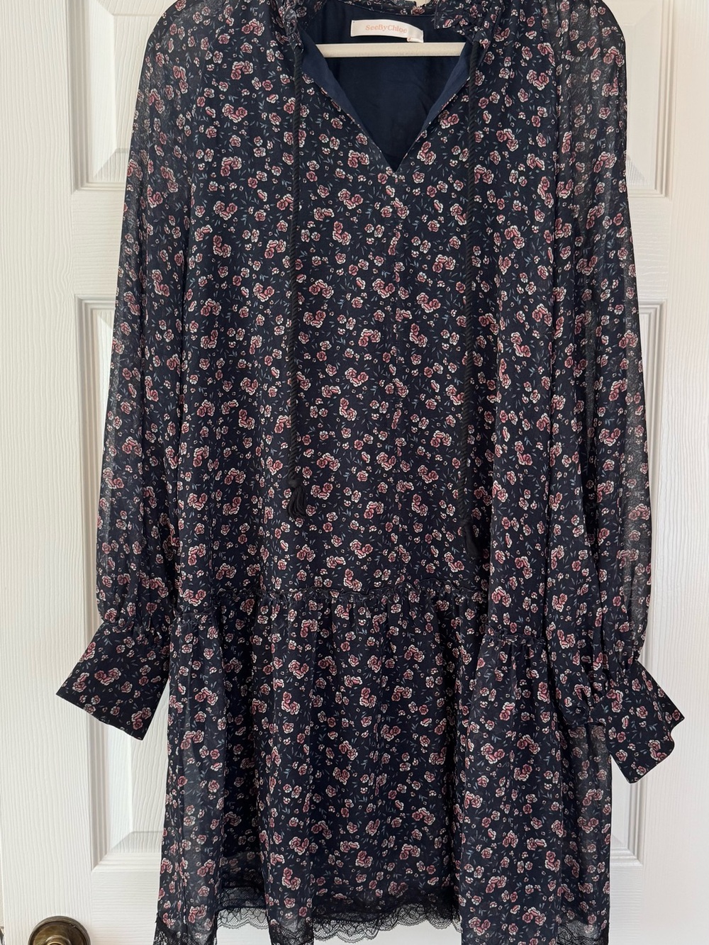 See By Chloé Navy Floral Long Sleeve Tiered Mini Dress